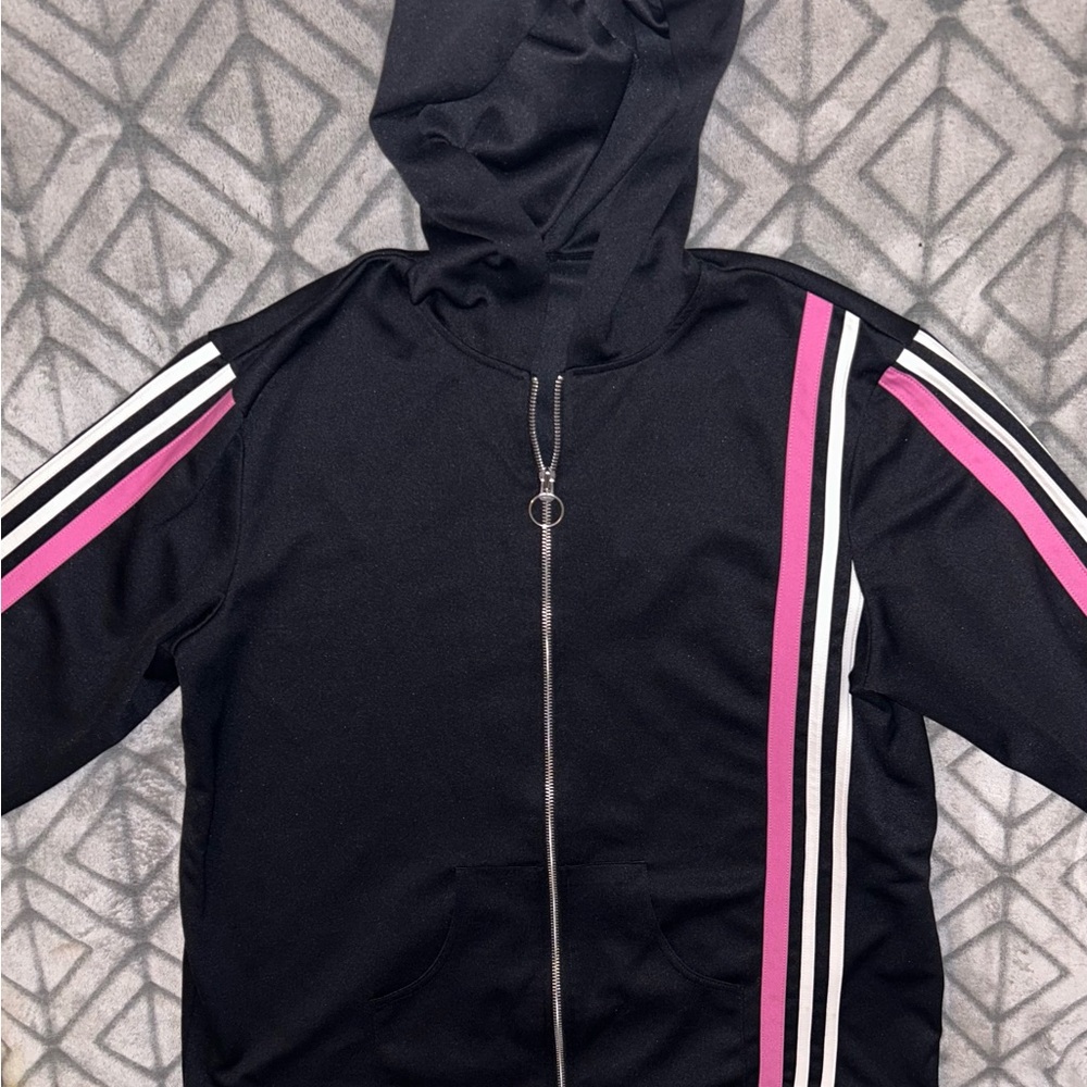 Black Hoodie with Pink and White Stripes